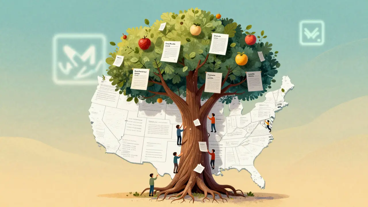 A symbolic tree growing from a U.S. map, bearing safety warnings as fruit, fed by patient reports.
