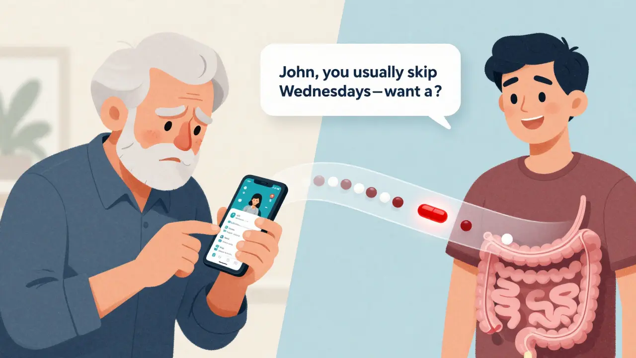 An elderly person struggling with a digital pill system while a younger person benefits from AI reminders.