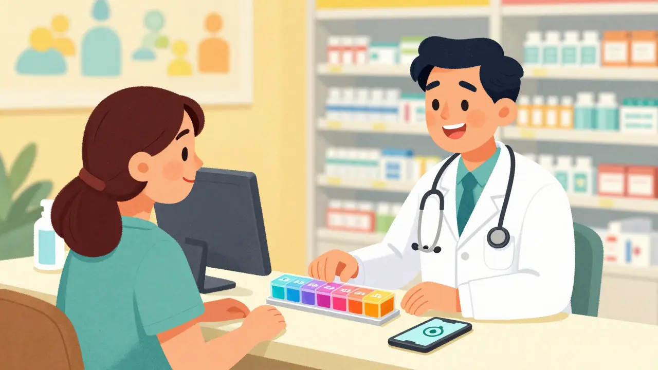 Doctor and patient reviewing organized pill box