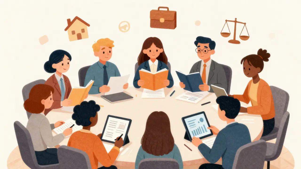 Illustrated diverse team meeting to review compliance policies in office setting.