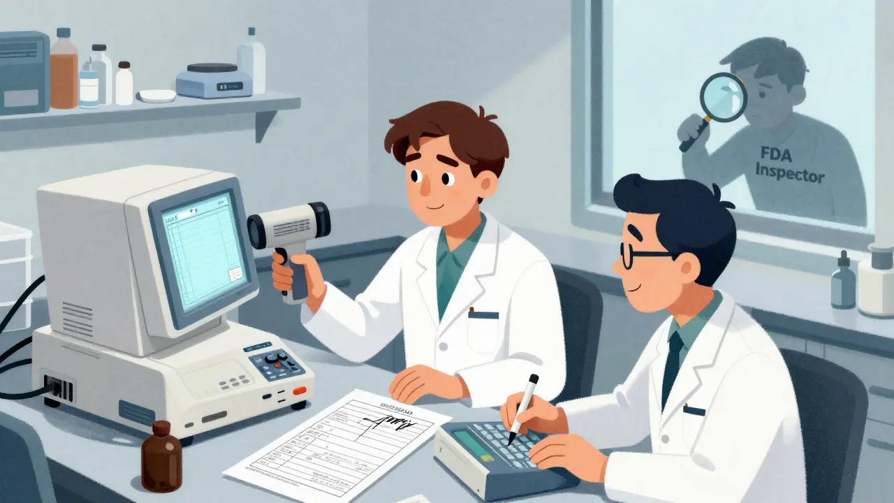 Lab technicians falsifying batch records and disabling audit trails while an inspector watches.