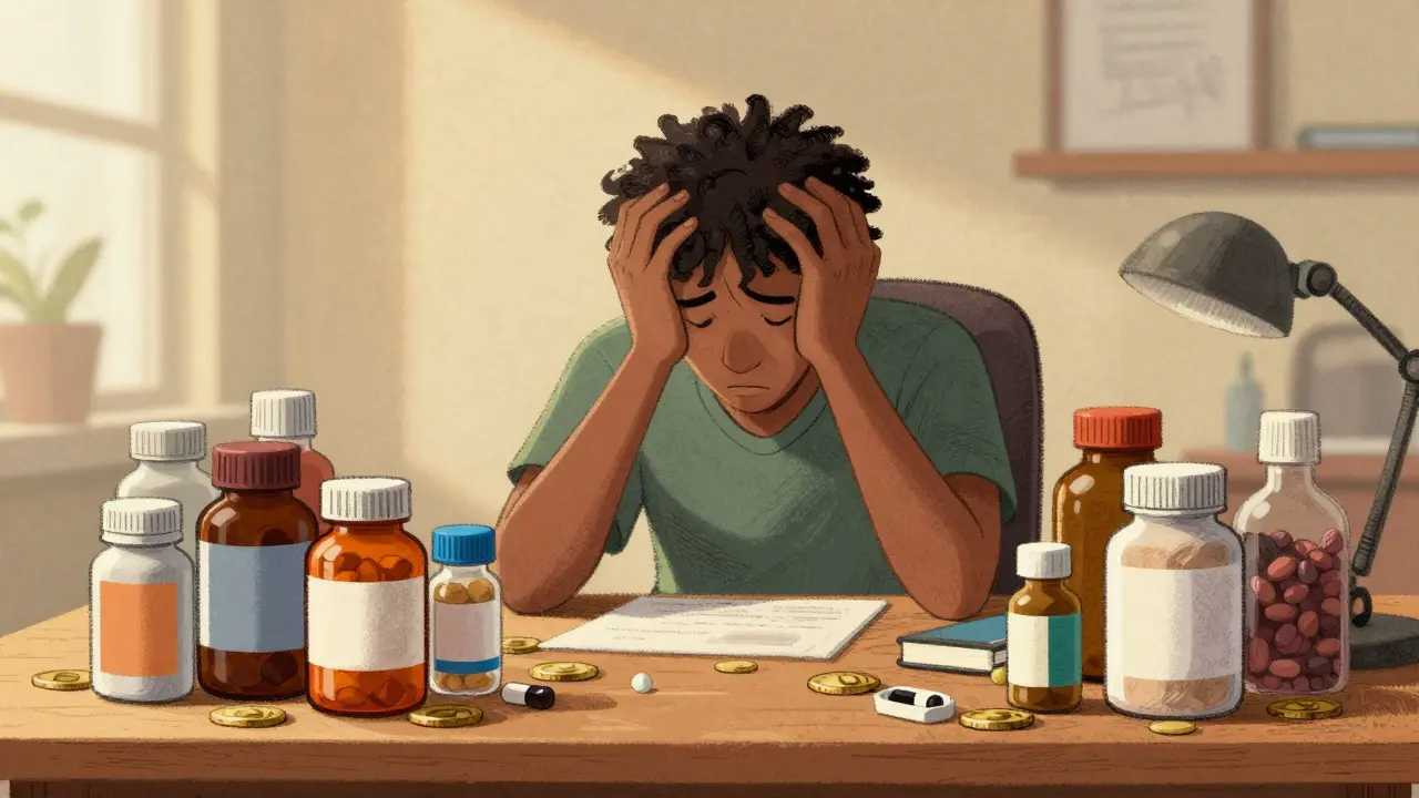 Overwhelmed person surrounded by medicine bottles