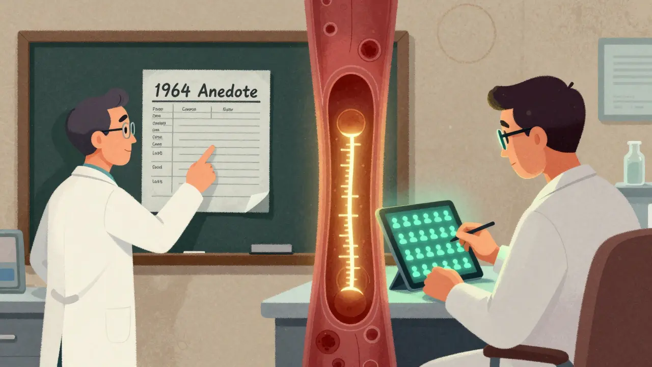 Split scene: 1960s medical myth versus modern research data proving no alcohol interaction with metronidazole.