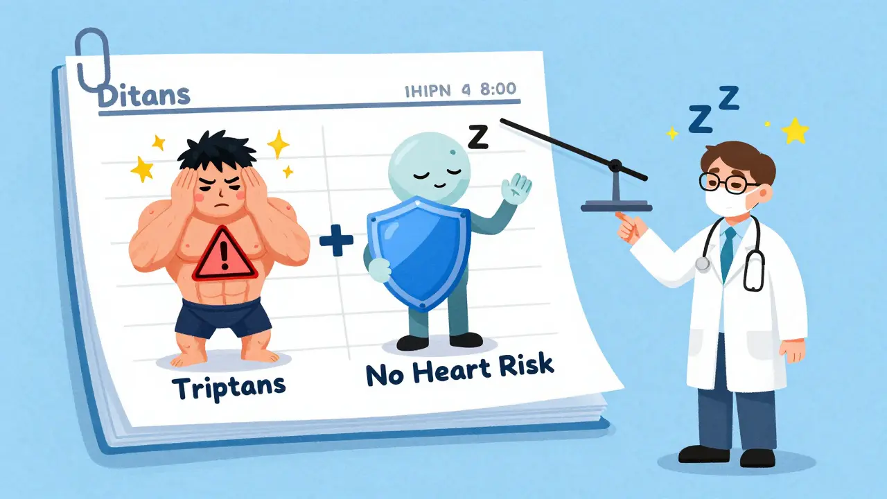Three personified migraine medications compared visually: triptans with a warning sign, gepants with a safety shield, and ditans appearing dizzy, with a doctor pointing to gepants as safest.