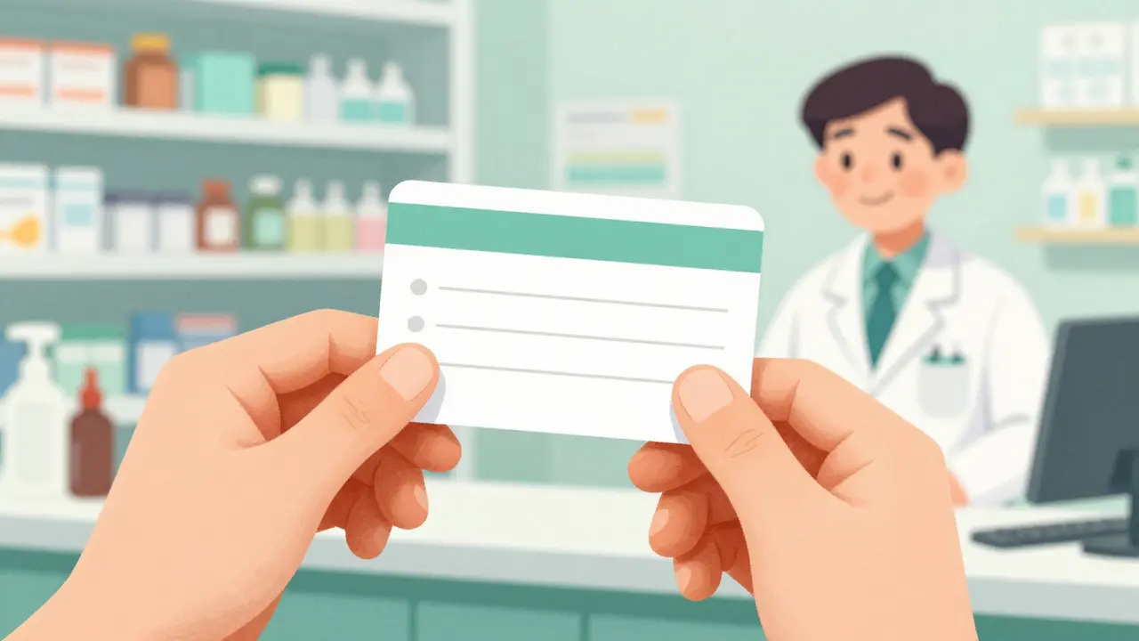 A hand holding a medical wallet card at a pharmacy counter for safety verification.