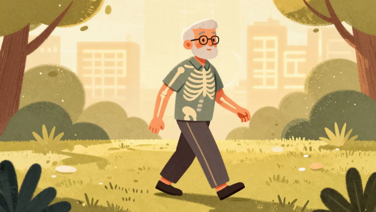 Active older adult walking confidently in a sunny park.
