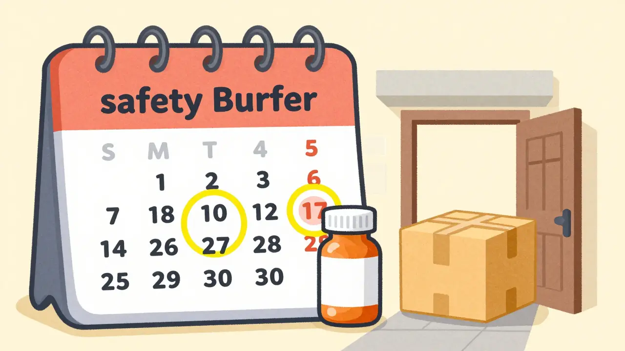 Calendar and delivery package illustrating a safety buffer for medication refills