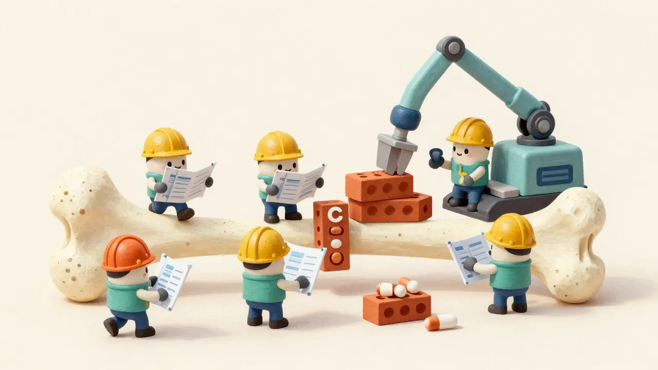 Cartoon construction crew reinforcing a bone structure with bricks and tools.