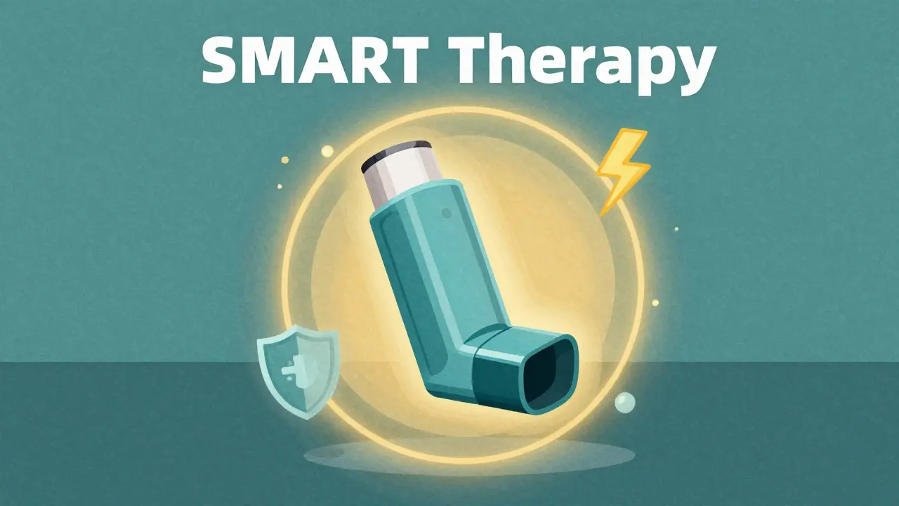 Cartoon depiction of a single combination inhaler representing SMART therapy with a protective aura.