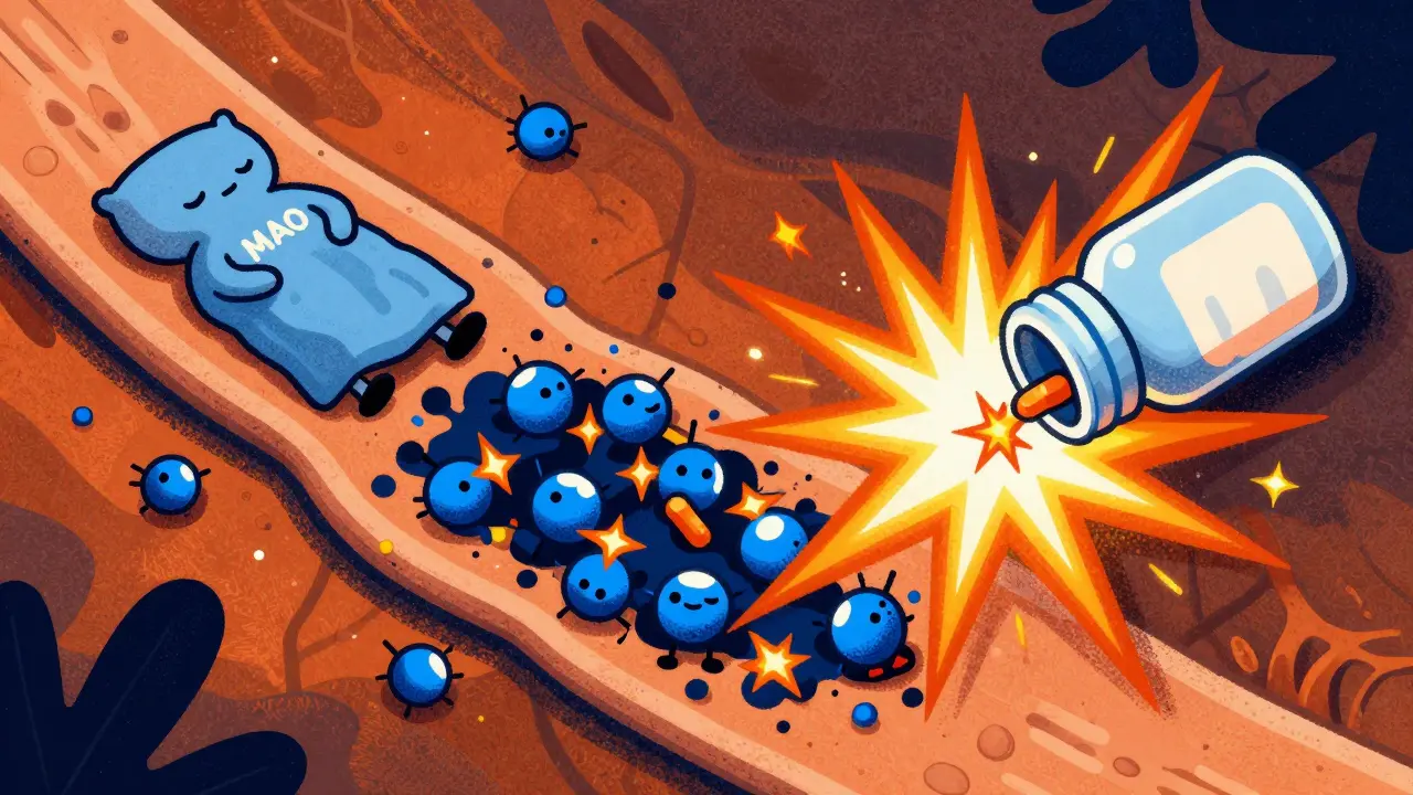 Conceptual art showing disabled enzymes and an overload of neurotransmitters in the brain.