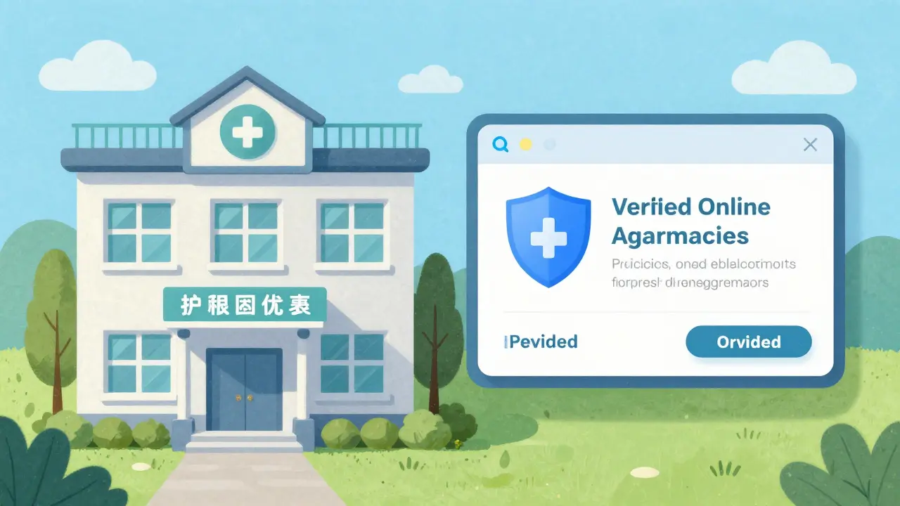 Conceptual illustration of a pharmacy building and a secure digital pharmacy portal