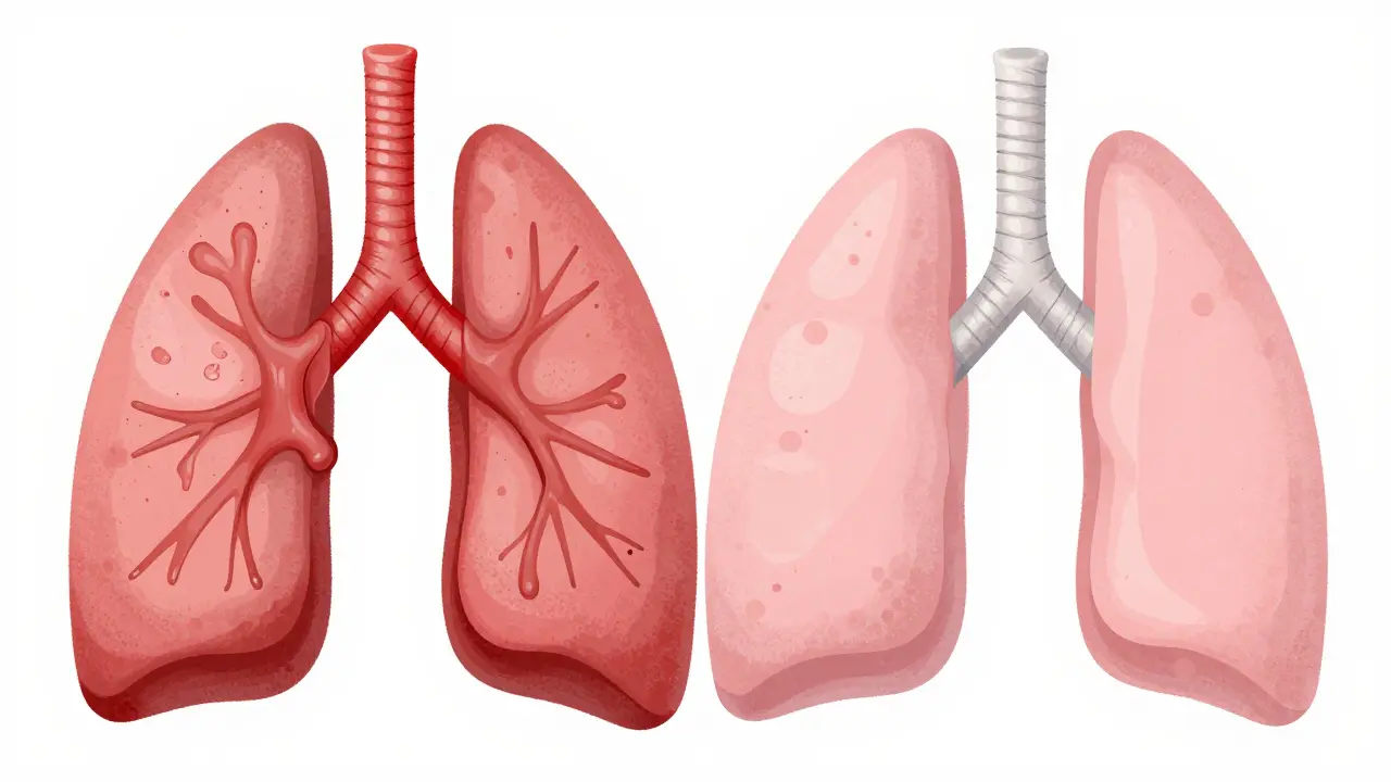 Illustration comparing an inflamed, narrow airway with a healthy, open bronchial tube.