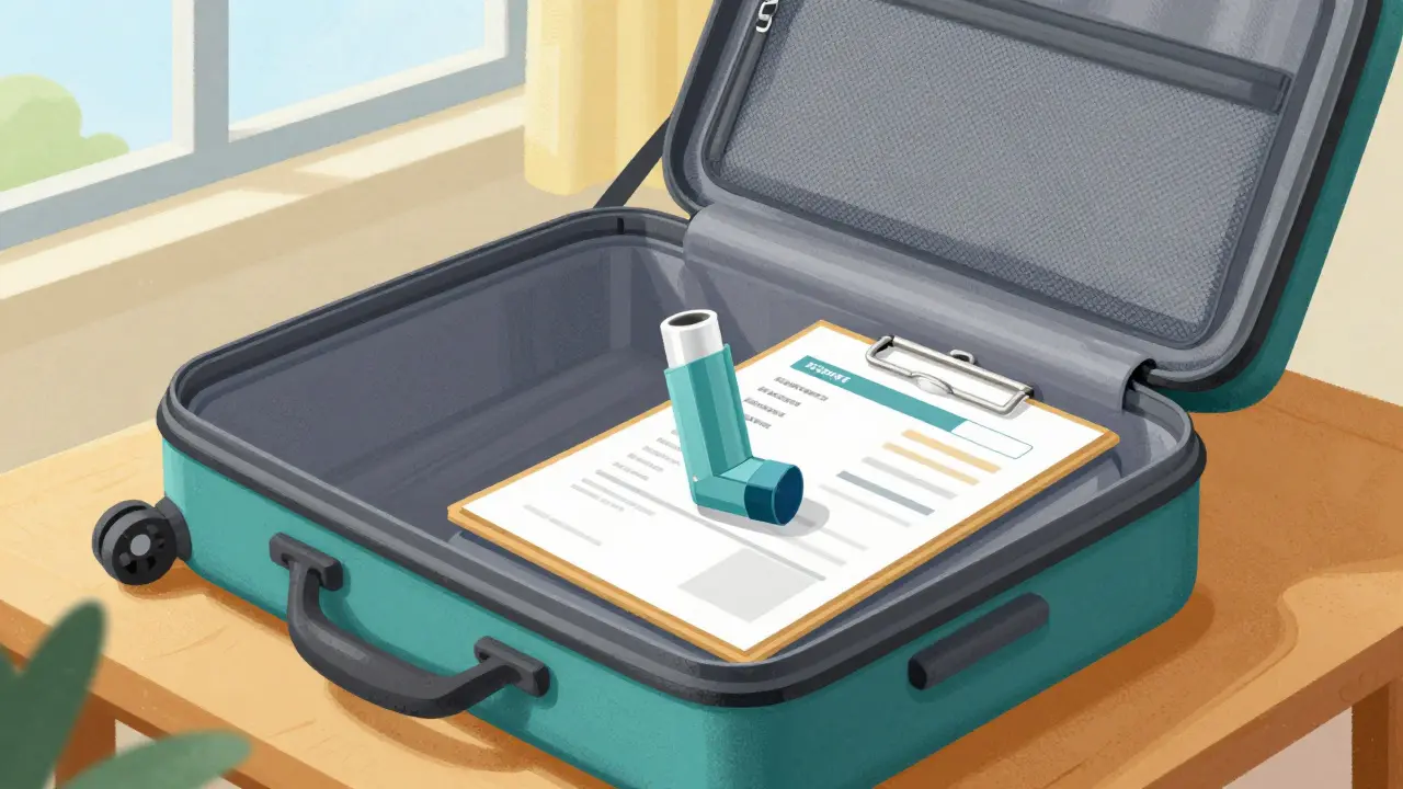 Rescue inhaler and prescription documents packed in a travel carry-on bag
