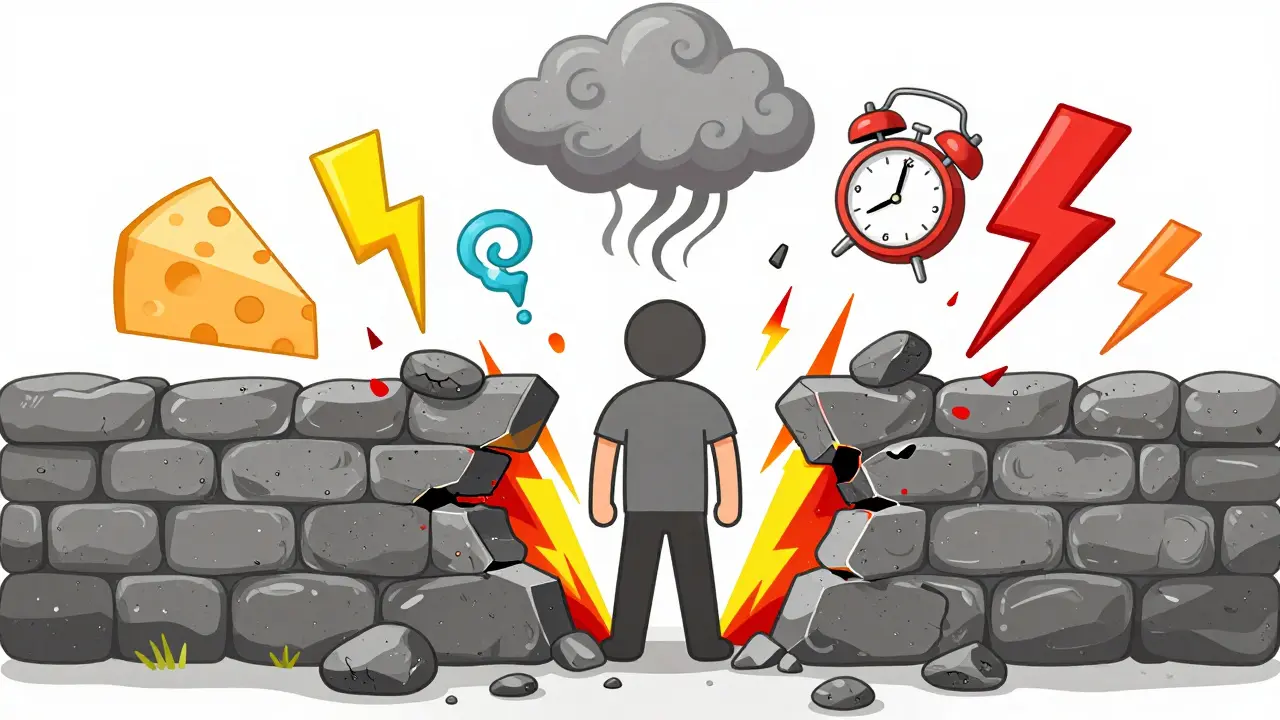 Various triggers like stress and weather pushing through a threshold wall