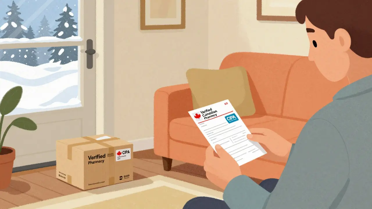 Cozy scene of receiving verified medication delivery at home in Canada