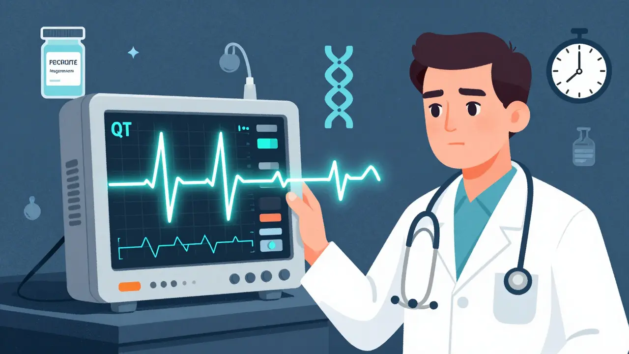 Doctor monitoring ECG with prolonged QT interval and risk factor icons.