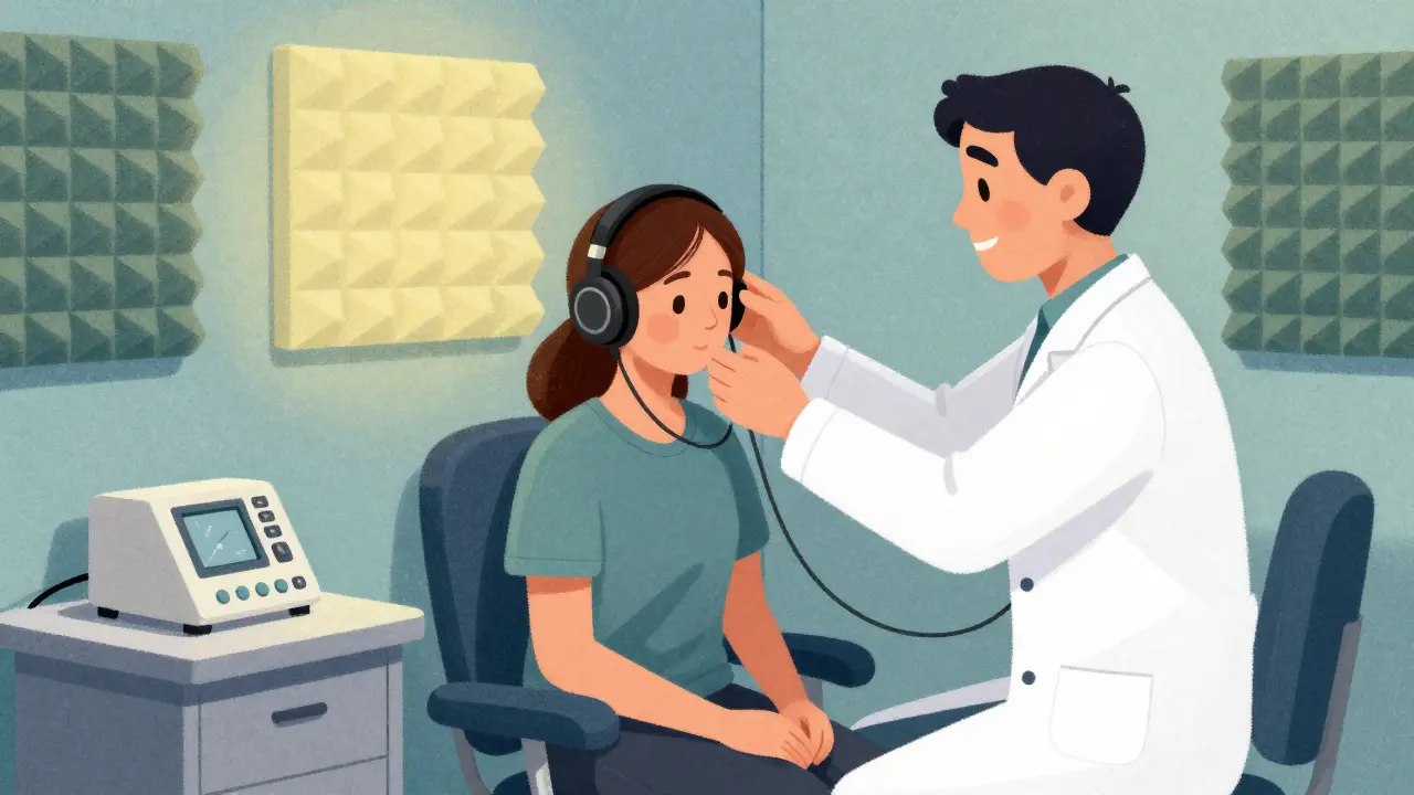 Employee undergoing a hearing test in a quiet booth with a technician.