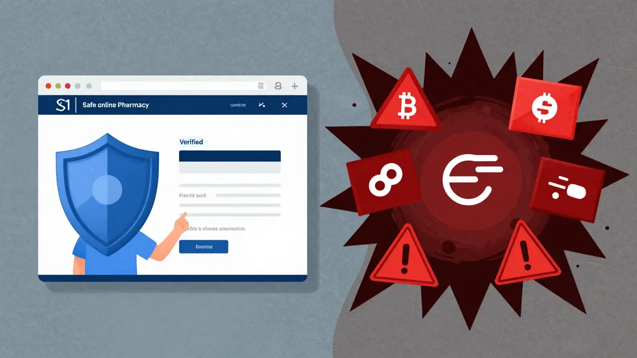 Illustration comparing safe online pharmacies with scam red flags