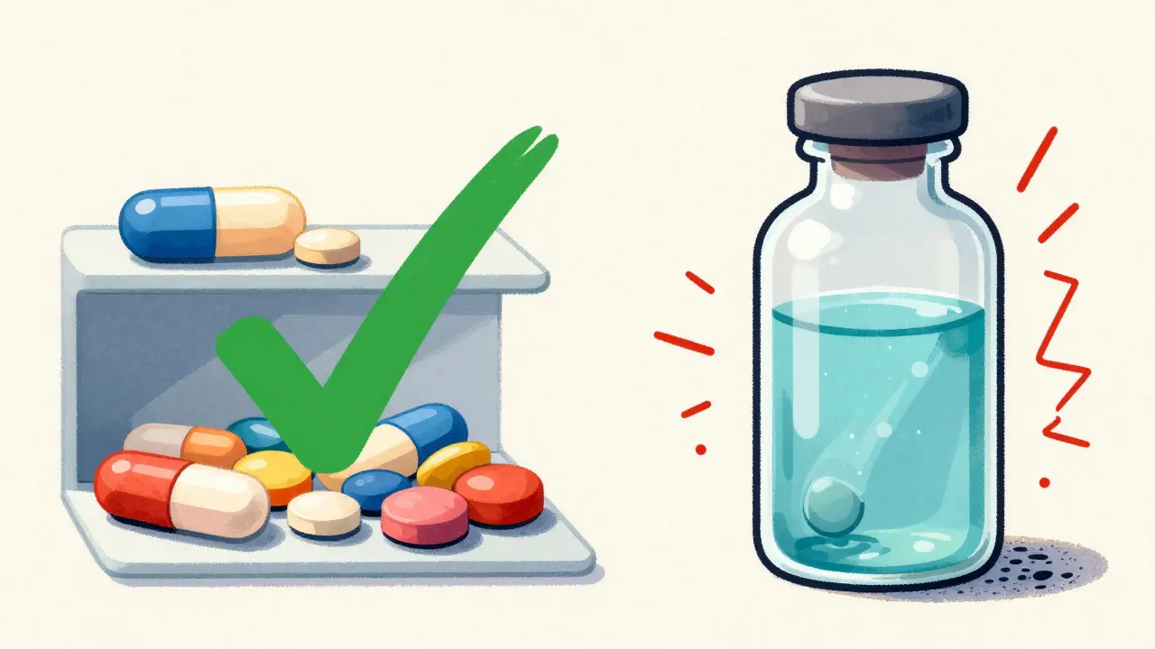 Illustration comparing stable solid pills vs degrading liquid antibiotic suspension