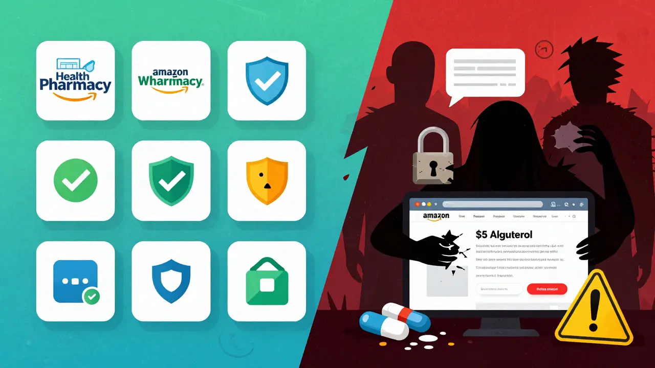Illustration contrasting safe online pharmacies with dangerous scam sites
