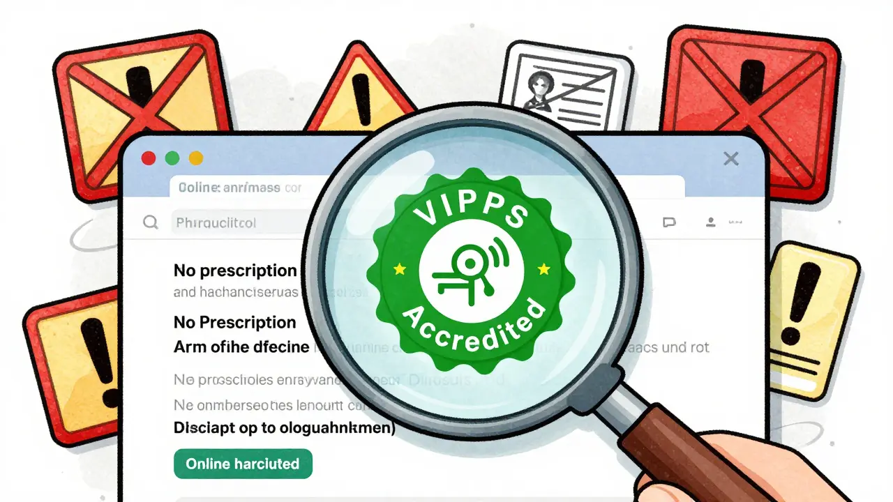 Magnifying glass verifying VIPPS accreditation seal on pharmacy website