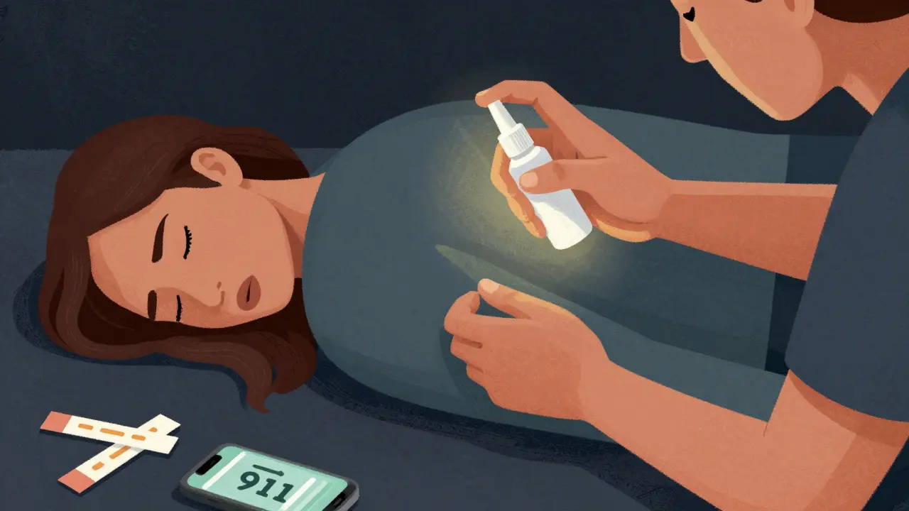 Person administering naloxone spray to someone in recovery position
