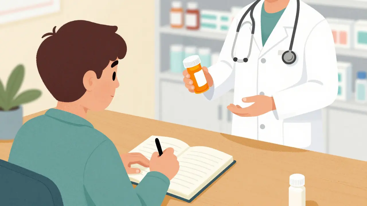 Person logging symptoms while pharmacist offers alternative medication