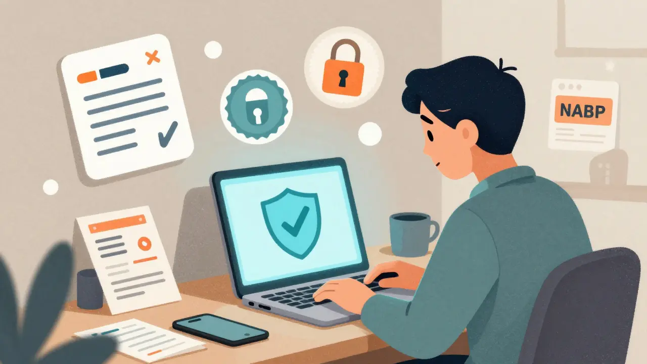 Person verifying a legitimate online pharmacy via laptop with security icons in cartoon style.
