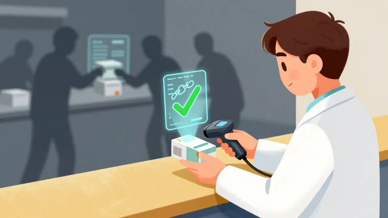 Pharmacist scanning medication box with holographic blockchain verification display.