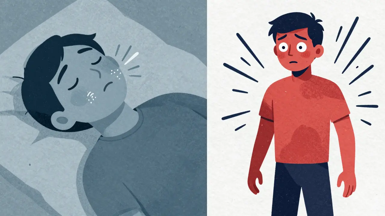Split illustration comparing unconscious opioid vs agitated stimulant overdose