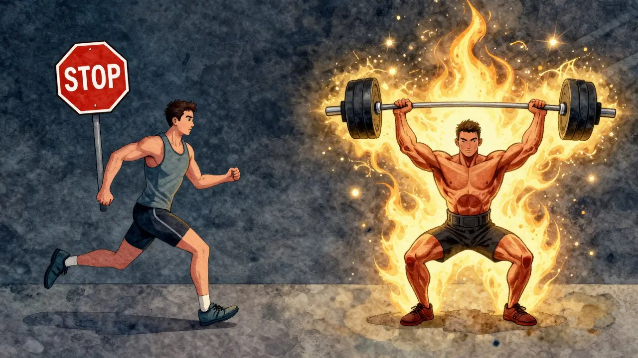 Split image showing cardio plateau vs strength training afterburner