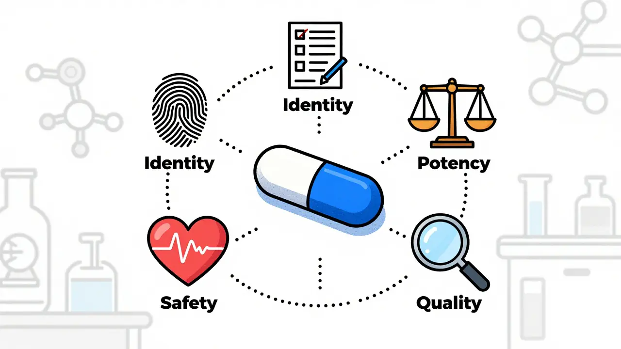 Stylized graphic of the SQUIPP framework icons surrounding a generic pill.