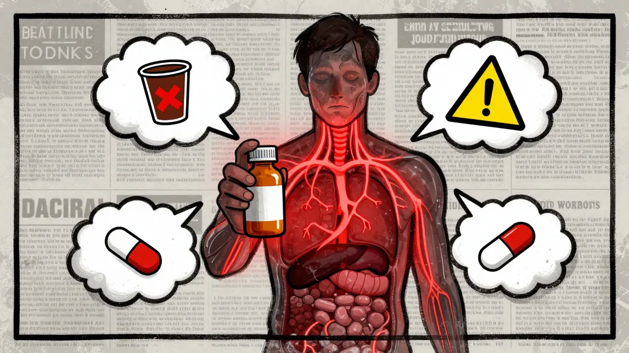 Textured illustration showing antibiotic side effects and interaction warnings with stylized graphics.