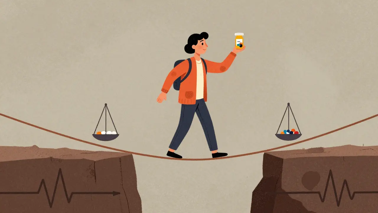 Tightrope walker balancing with pill bottle representing NTI drug risks