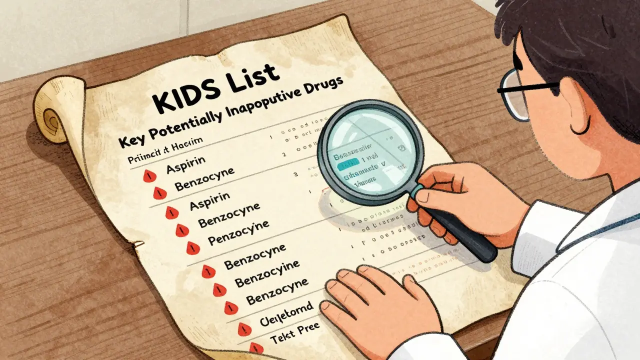 Doctor reviewing a KIDs List chart with warning symbols for drugs
