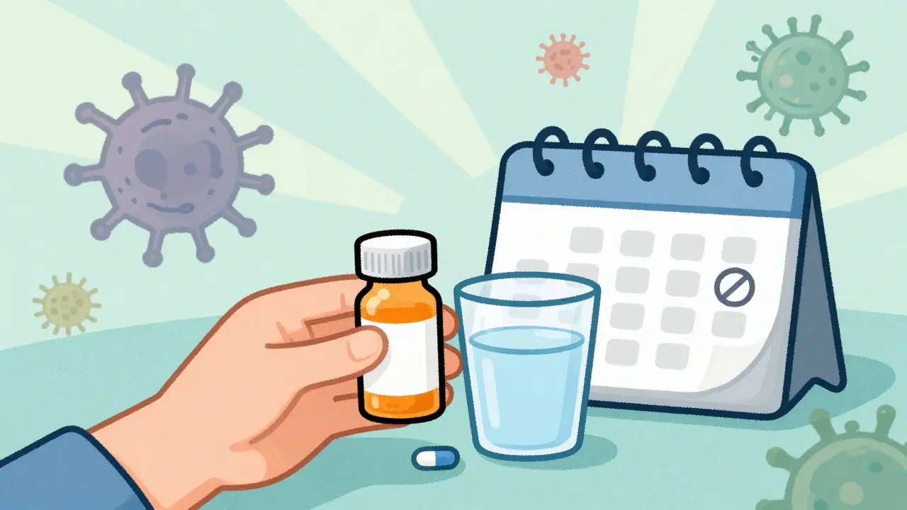 Hand holding antibiotic capsules and water next to a calendar, symbolizing proper dosage.