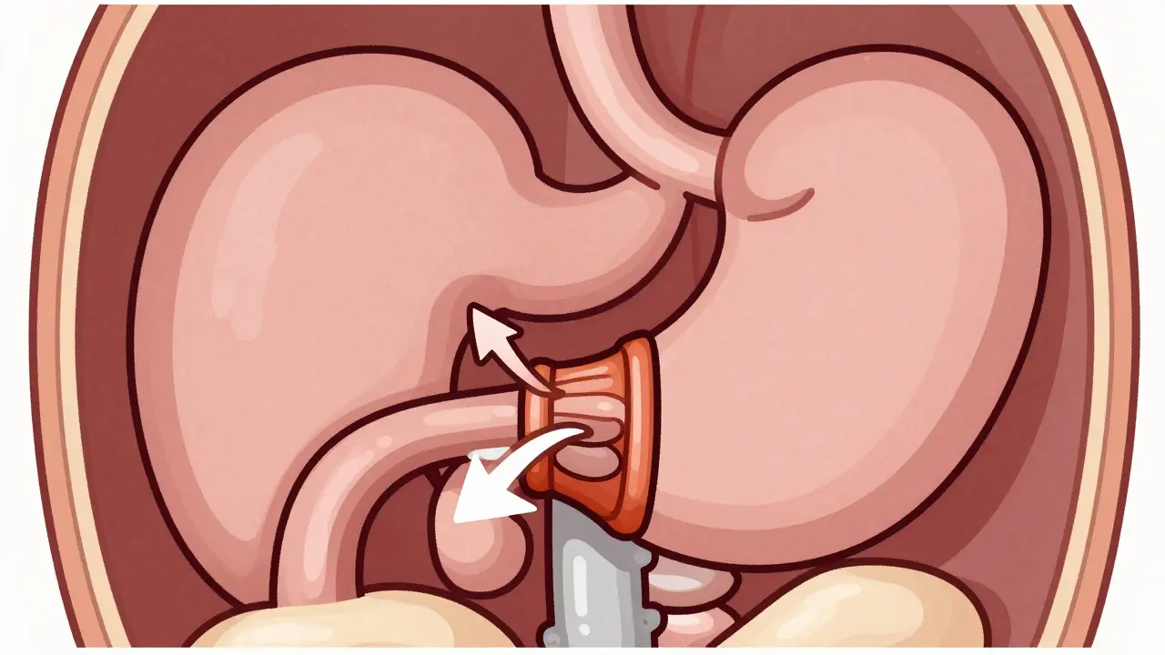 Illustrated esophagus showing tight sphincter blocking food passage