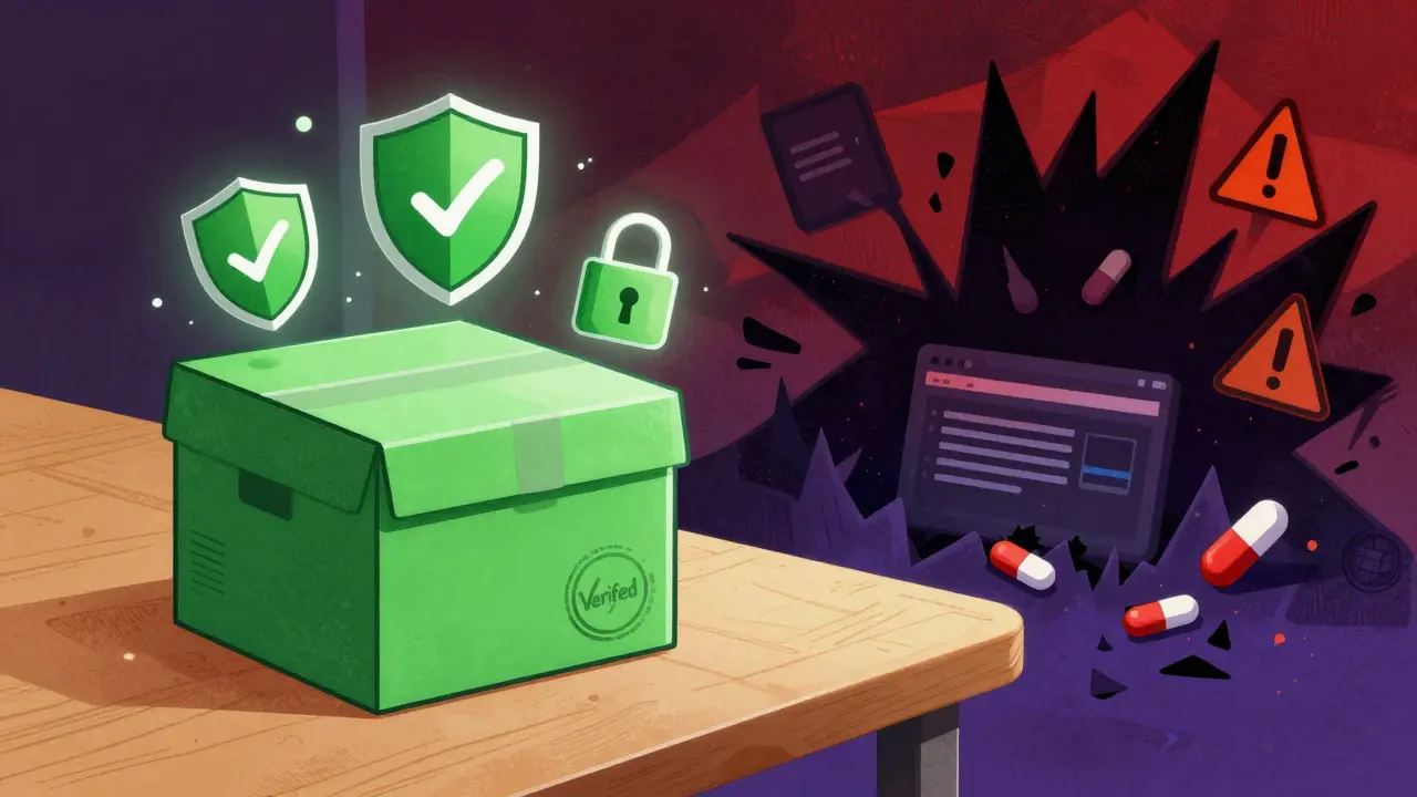 Illustration comparing a verified safe pharmacy package against abstract scam warnings.