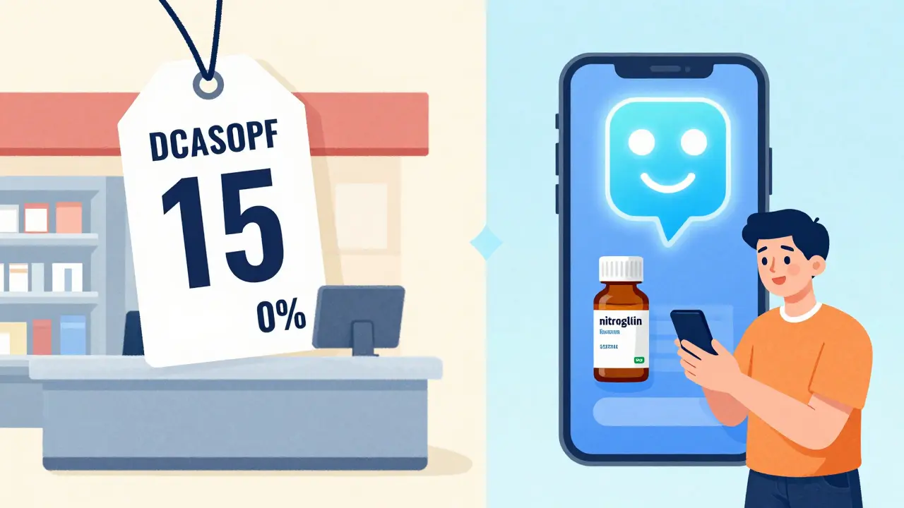 Illustration comparing high retail prices with discounted online costs for heart medication.