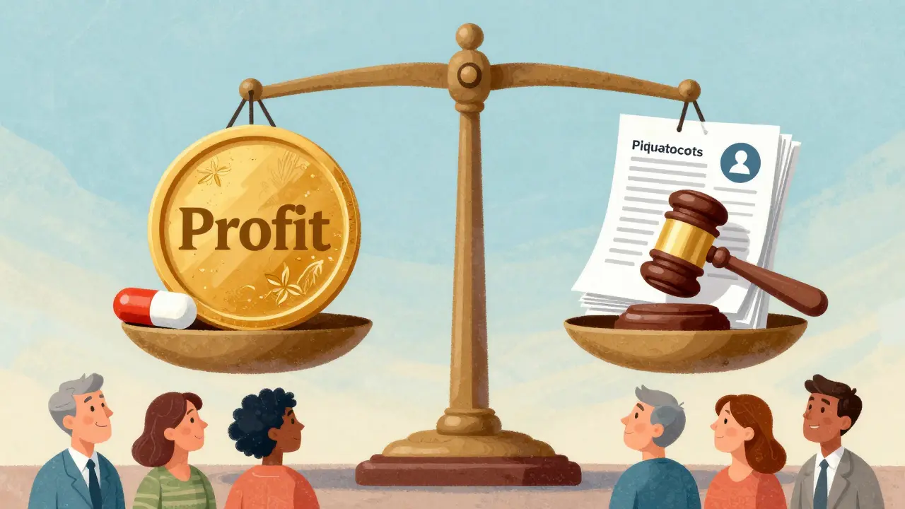 Illustration of a scale balancing profit coins against legal documents