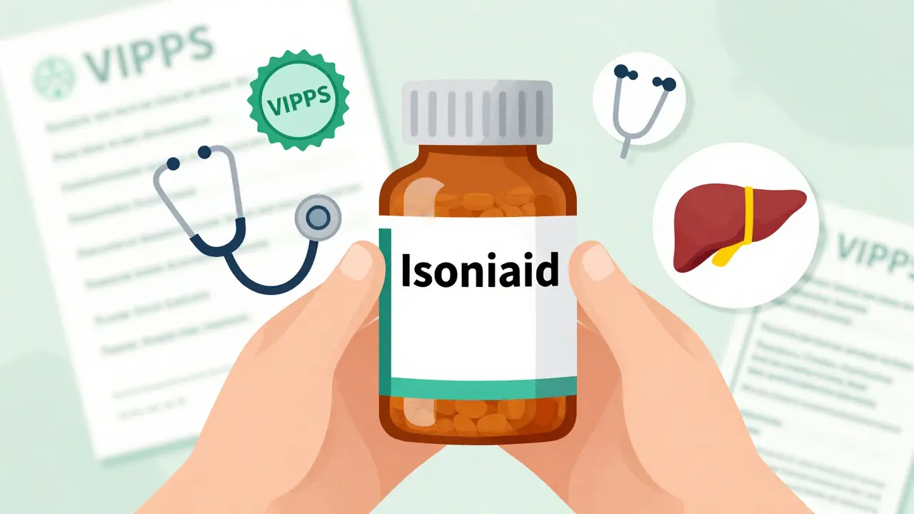 Isoniazid bottle with safety seals and health icons
