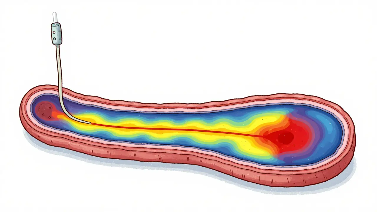 Manometry test visualization with color-coded pressure map in esophagus