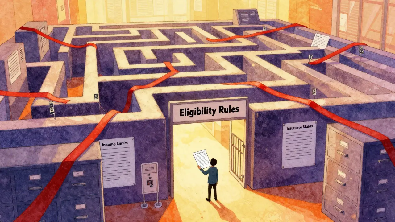 Person facing a complex maze of bureaucratic eligibility rules and forms