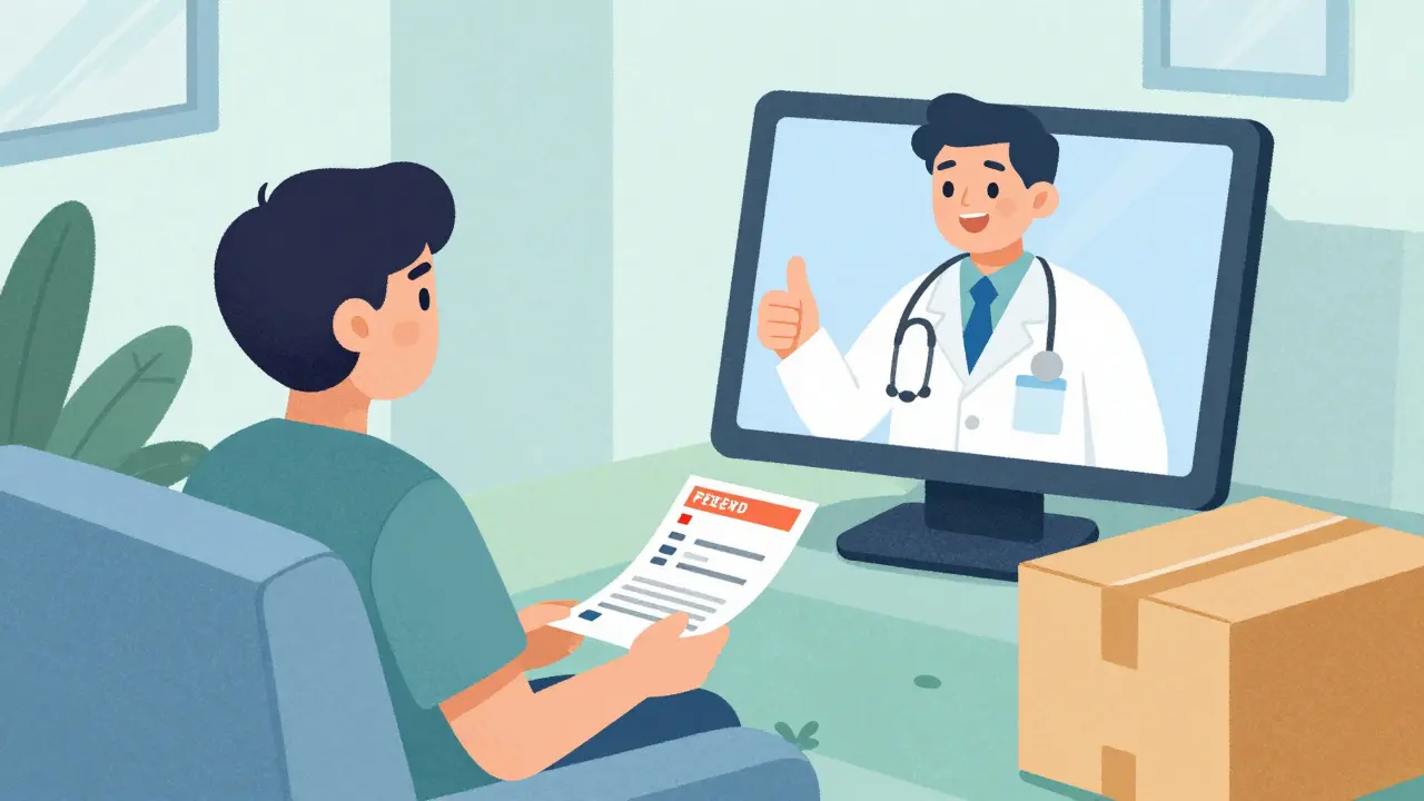 Telehealth doctor giving a thumbs up on a tablet, with a medication delivery box nearby.