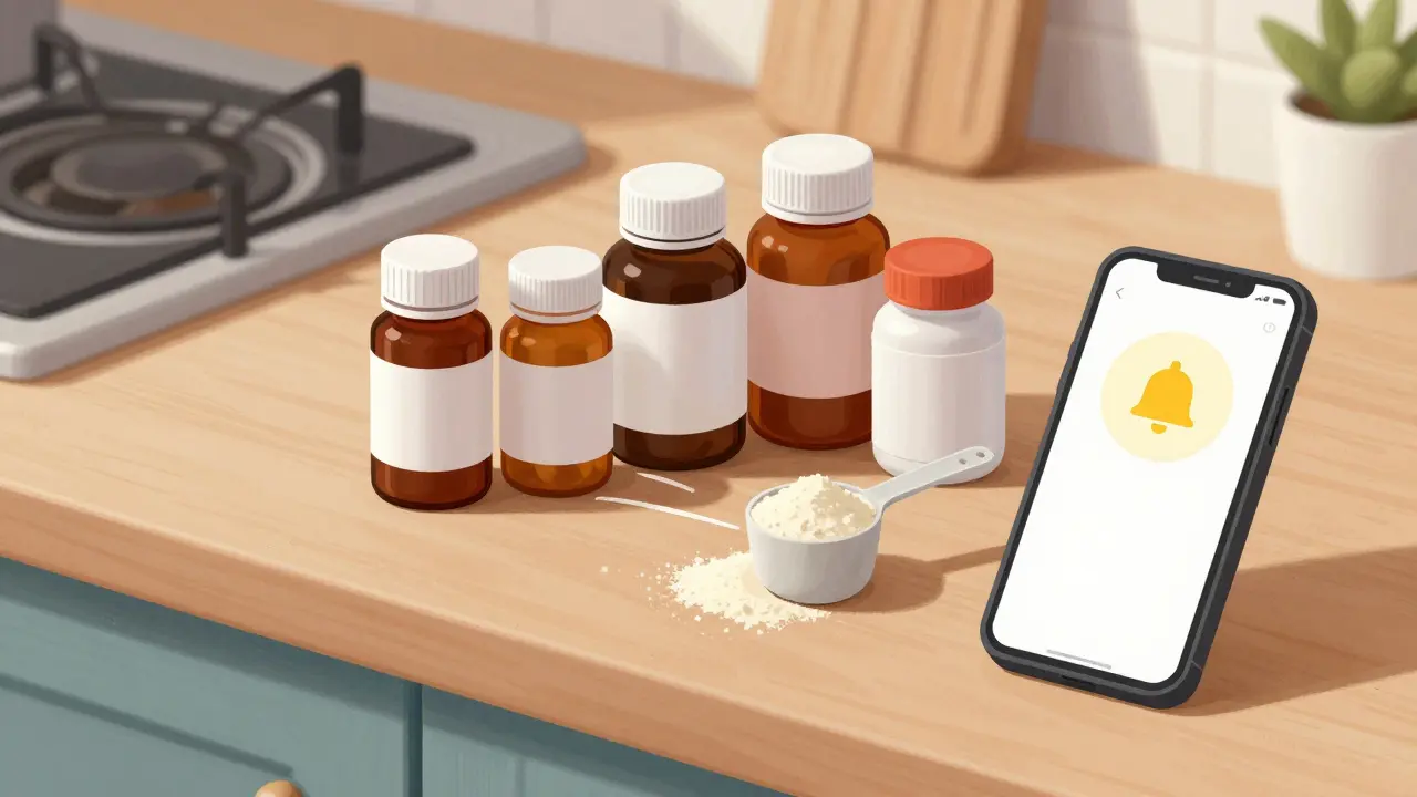 Textured illustration of organized meds and fiber supplements on counter