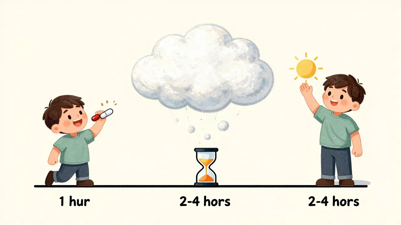 Whimsical illustration showing time separation between meds and fiber