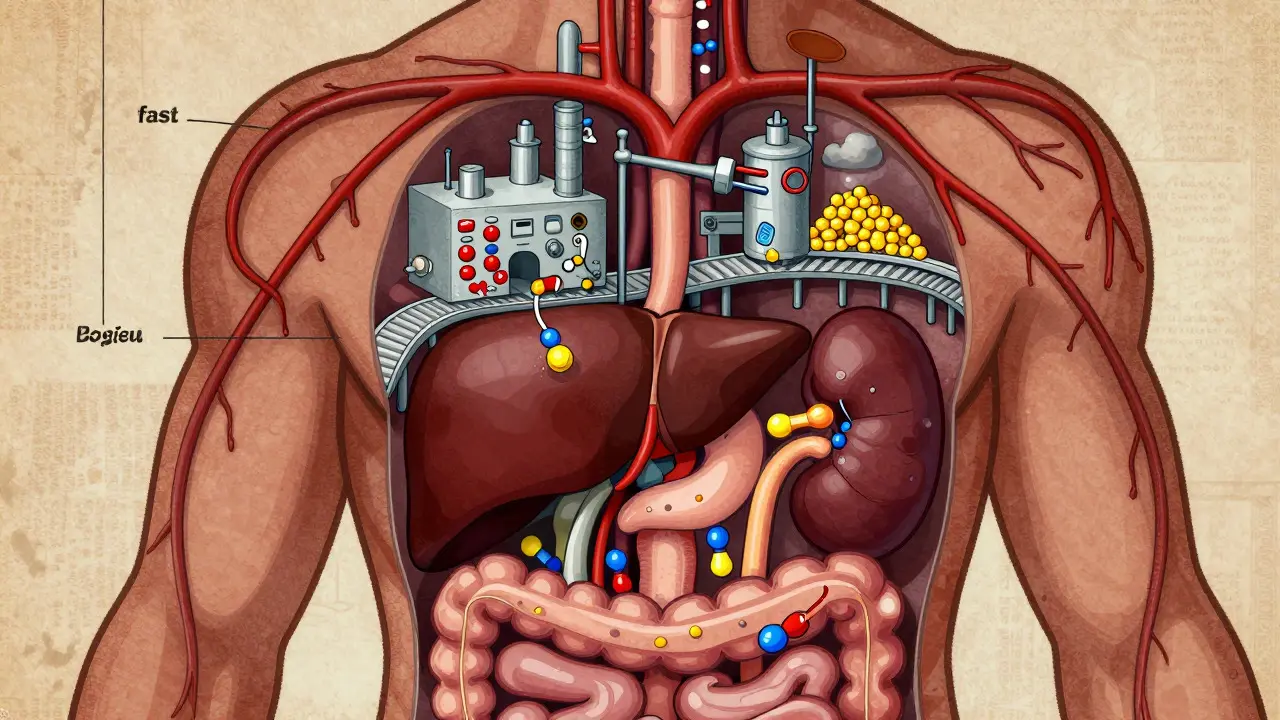 Abstract illustration of liver and kidneys processing drugs