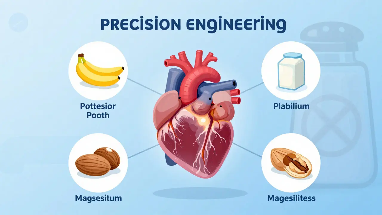 Conceptual art of a healthy heart surrounded by nutrient icons like fruit and dairy.