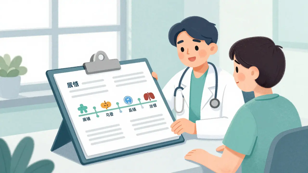 Doctor and patient reviewing medical history timeline together