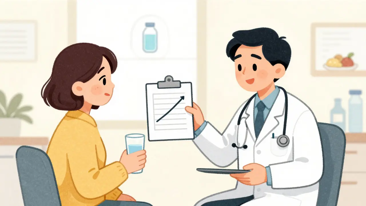 Doctor explaining dose escalation strategy to a relieved patient in clinic